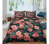 FSYQQASD 3D Printed Red Roses Bedding Set Flower Comforter Cover with Pillowcase 3 Pcs,Duvet Cover with Zipper Closure,Soft Microfiber Quilt Cover King(220x240cm)