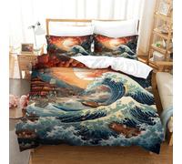 FSYQQASD 3D Printing Japanese Style Duvet Cover Sets for Children,Teenagers And Adults Waves Duvet Cover Single(140x200cm) Soft Microfibre Bedding Set 3 Pcs with Pillow Cases
