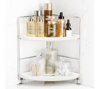 FSyueyun 2-Tier Corner Bathroom Counter Organizer, Tool-Less Installation Vanity Shelf Small Plastics Countertop Makeup Tray Skincare Perfume Organizers (Silver)