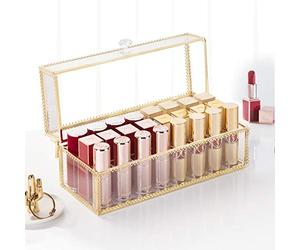 FSyueyun Glass Lipstick Holder with 24 Slot Dust Free Lip Gloss Lipstick Organizer Eye Liner Makeup Display Stand Cases Decoration for Dresser Countertop