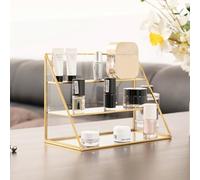 FSyueyun Gold Makeup Organizer Case Vanity, 3 Layers Glass Makeup Storage Cosmetics Organizer Jewelry Box Earring Ring Holder Display Case