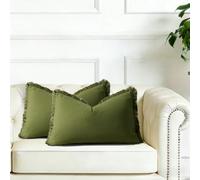 FSZhenZuan Pack of 2 Cushion Covers 30x50cm Decorative Moss Green Cotton Throw Pillow Covers Boho Soft Natural Solid Pillowcases with Tassels for Couch Bed Living Room Home Decor