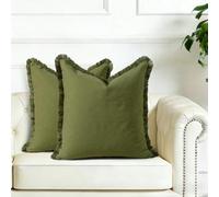 FSZhenZuan Pack of 2 Cushion Covers 45x45cm Decorative Cotton Moss Green Throw Pillow Covers Boho Soft Natural Solid Pillowcases with Tassels for Couch Bed Living Room Home Decor