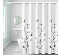 FSZhenZuan Shower Curtain 240x200cm Drop Water Repellent Shower Curtain with Hooks Washable Polyester Fabric Flowers Butterfly Decorative Bathroom Curtains, Weighted Hem