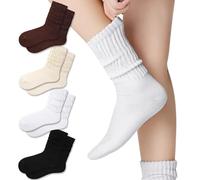 Fszsaa Crew Socks For Women Multipairs Cotton Cushioned Athletic Socks Retro Slouch Socks Mid Calf Rib Tube Socks, 4pack-white/Beige/Black/Chocolate, One Size
