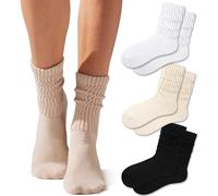 Fszsaa Crew Socks For Women Multipairs Cotton Cushioned Athletic Socks Retro Slouch Socks Mid Calf Rib Tube Socks, 3pack-white/Beige/Black, One Size