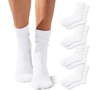 Fszsaa Crew Socks For Women Multipairs Cotton Cushioned Athletic Socks Retro Slouch Socks Mid Calf Rib Tube Socks, White 4pack, One Size