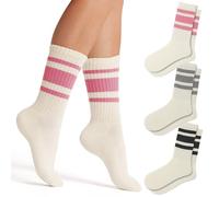 Fszsaa Fun Novelty Striped Retro Crew Socks For Women Sporty Calf Casual Cotton Socks Women, 3pack-funny Striped Crew Socks Sakura Multicolor-a, One size