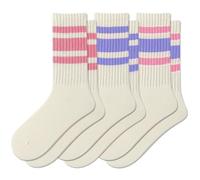 Fszsaa Fun Novelty Striped Retro Crew Socks For Women Sporty Calf Casual Cotton Socks Women, 3pack-lavender/Sakura Striped, One size
