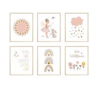 FSZSEES Girls Room Wall Art Prints Set of 6 Nursery Wall Decor Boho Sun Rainbow Canvas Prints You Are Loved Little One Children Bedroom Poster 8x10 Inch, Unframed