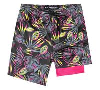 FT FENTENG Boys Swimming Trunks Compression Lining Stretch Swim Shorts Quick Dry 2 in 1 Beach Shorts 4-17 Years, Purple Tropical Leaves, 12-14 Years