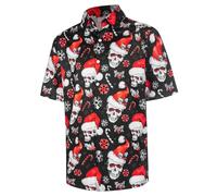 FT FENTENG Men's Casual Button Down Shirts Regular Fit Short Sleeve Hawaiian Shirt for Men, Christmas Skull, XXL