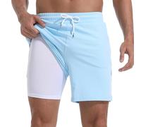 FT FENTENG Mens Swim Trunks with Compression Liner 7" Board Shorts with Zipper Pockets 2 in 1 Quick Dry Bathing Suits, Haze Blue&white, 3XL