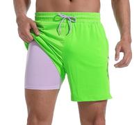 FT FENTENG Mens Swim Trunks with Compression Liner 7" Board Shorts with Zipper Pockets 2 in 1 Quick Dry Bathing Suits, Green&lavender, XXL