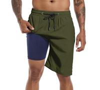 FT FENTENG Mens Swim Trunks with Compression Liner 9" Board Shorts 2 in 1 Quick Dry Bathing Suits with Zipper Pockets, Olive-c, S