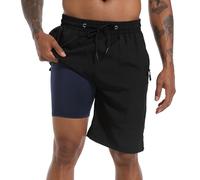 FT FENTENG Mens Swim Trunks with Compression Liner 9" Board Shorts 2 in 1 Quick Dry Bathing Suits with Zipper Pockets, Black-c, X-Large