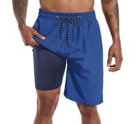 FT FENTENG Mens Swim Trunks with Compression Liner 9" Board Shorts 2 in 1 Quick Dry Bathing Suits with Zipper Pockets, Navy Blue-c, 4XL