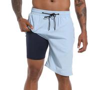FT FENTENG Mens Swim Trunks with Compression Liner 9" Board Shorts 2 in 1 Quick Dry Bathing Suits with Zipper Pockets, Powder Blue-c, 3XL
