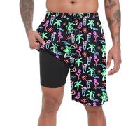 FT FENTENG Mens Swim Trunks with Compression Liner 9" Board Shorts 2 in 1 Quick Dry Beach Swimwear Bathing Suits for Men, Neon Flamingo-c, 3XL