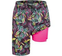 FT FENTENG Mens Swim Trunks with Compression Liner 9" Stretch Board Shorts 2 in 1 Quick Dry Swimwear Bathing Suits, Purple Tropical Leaves, 4XL