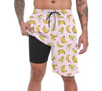FT FENTENG Mens Swim Trunks with Compression Liner 9" Stretch Board Shorts 2 in 1 Quick Dry Swimwear Bathing Suits, Pink Banana-c, X-Large