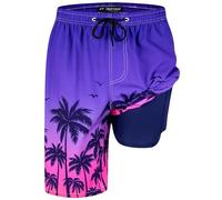 FT FENTENG Mens Swim Trunks with Compression Liner 9" Stretch Board Shorts 2 in 1 Quick Dry Swimwear Bathing Suits, Sunset Palm Tree-c, 3XL