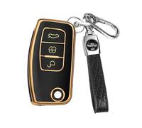 FT Funtor Car Key Cover for Ford, TPU Silicone Gold Border Remote Key Protective Cover with Leather Keychain, 3 Buttons Remote Key Fob Cover Compatible With Ford C-Max Fiesta Focus S-Max(Black)