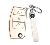 FT Funtor Car Key Cover for Ford, TPU Silicone Gold Border Remote Key Protective Cover with Leather Keychain, 3 Buttons Remote Key Fob Cover Compatible With Ford C-Max Fiesta Focus S-Max(White)