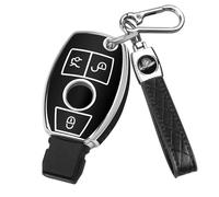 FT FUNTOR Car Key Cover for Mercedes Benz,for Mercedes Key Cover with Silver Edge,3 Buttons TPU Key Shell Suitable for Mercedes Benz A B C E S V W R CL ML CLK W176 W245 A203 W204 W211 W245 (A-Black)
