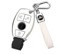 FT FUNTOR Car Key Cover for Mercedes Benz With Silver Edge, 3 Buttons TPU Shell Suitable for A B C E S V W R CL ML CLK W176 W245 A203 W204 W211 W245 (A-White)