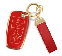 FT FUNTOR Key Fob Cover for Ford Explorer Maverick Mustang Fusion Escape Edge F150 F250 F350, Premium TPU Key Fob Protector with Leather Keychain & Screwdriver, Slim Fit 5-Button Remote Case (Red)
