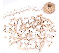 FT-SHOP Photo Clips Natural Mini Wooden Heart Pegs DIY Craft Clips with 100 Feet Jute Twine for Wedding Card Picture Hanging Holder Party Decor 100 Pieces White