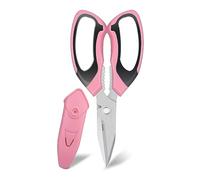 FTECYBO Heavy Duty Multi-Purpose Scissors with Protective Cover, Serrated Stainless Steel Blades, Easy Cutting of Cardboard, Leather, Fabric, Wires (Pink)