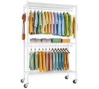 FTEYUET Clothes Rail with Storage Shelves, Heavy Duty Rolling Clothing Rail Clothing Rack Wardrobe Closet with Double Rods/Lockable Wheels & Side Hooks (White, 45 D x 120 W x 205 H)