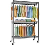 FTEYUET Clothes Rail with Storage Shelves, Heavy Duty Rolling Clothing Rail Clothing Rack Wardrobe Closet with Double Rods/Lockable Wheels & 2 Pairs Side Hooks, 47”Wx17.7”Dx80.7”H, Black