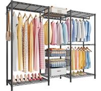 FTEYUET Clothes Rails, Heavy Duty Clothing Rail Clothing Garment Rack Coat Rails Coat Racks Freestanding Wardrobe Closet Rack with Hanging Rods, Adjustable Shelves and Storage Baskets, Black