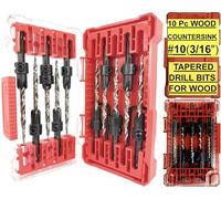 FTG USA 10 Pc #10 (3/16") Countersink Drill Bit Set with Tapered Drill Bit for Woodworking, 2 Pc Depth Stop, 2 Hex Wrench in Storage Container