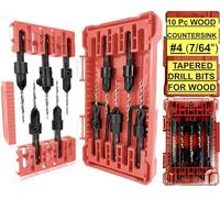 FTG USA 10 Pc #4 (7/64") Countersink Drill Bit Set with Tapered Drill Bit for Woodworking, 2 Pc Depth Stop, 2 Hex Wrench in Storage Container