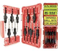 FTG USA 10 Pc #6 (9/64") Countersink Drill Bit Set with Tapered Drill Bit for Woodworking, 2 Pc Depth Stop, 2 Hex Wrench in Storage Container