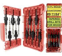 FTG USA 10 Pc #8 (11/64") Countersink Drill Bit Set with Tapered Drill Bit for Woodworking, 2 Pc Depth Stop, 2 Hex Wrench in Storage Container