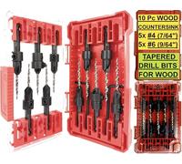 FTG USA 5 Pc #4 (7/64") & 5 Pc #6 (9/64") Countersink Drill Bit Set with Tapered Drill Bit for Woodworking, 2 Pc Depth Stop, 2 Hex Wrench in Storage Container