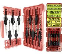 FTG USA 5 Pc #6 (9/64") & 5 Pc #8 (11/64") Countersink Drill Bit Set with Tapered Drill Bit for Woodworking, 2 Pc Depth Stop, 2 Hex Wrench in Storage Container