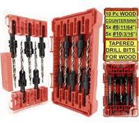 FTG USA 5 Pc #8 (11/64") & 5 Pc #10 (3/16") Countersink Drill Bit Set with Tapered Drill Bit for Woodworking, 2 Pc Depth Stop, 2 Hex Wrench in Storage Container