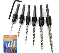 FTG USA Adjustable Wood Countersink Drill Bit Set 6 Sizes #4 to #14 Set with Tapered Drill Bits for Woodworking