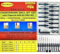 FTG USA Countersink Drill Bit Set 3 Pc #4(7/64") 3 Pc #6 (9/64") 3 Pc #8 (11/64") 3 Pc #10 (3/16") with Tapered Drill Bits for Woodwork with Storage Container