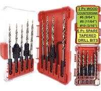 FTG USA Countersink Drill Bit Set 3 Pc #6#8#10 Adjustable Countersink with 6 Pc Replacement Tapered Drill Bits for Wood in Storage Container