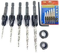 FTG USA Wood Countersink Drill Bit Set 7 Piece 5 Sizes #4,#6,#8,#10,#12 Maximum Torque with Adjustable Depth Woodworking HSS M2 Tapered Drill Bits 1 Hex Wrench (18 Allen Key) and 2 Adjustable