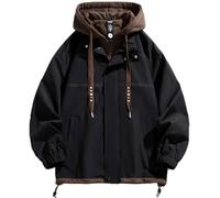 FTIMILD Mens Fake Two Pieces Windbreaker Spring and Fall Vibrant Color Block Coat Lightweight Jacket with Hood, Black, L