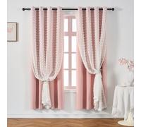 Ftinala Pink Curtain for Girls Bedroom 1 Panel, Double Layered Blackout Curtain with Pom Pom White Sheer Overlay, Light Blush Baby Toddler Nursery Curtains 63 Inch Length, Cute Window Drapes