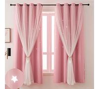 Ftinala Pink Curtains for Girls Room- Aesthetic Star Cutout Blackout Double Layer with Sheer Overlay, 63 Inch Length 2 Panels Kids Bedroom Curtain Cute Nursery Decor Drapes